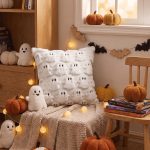 Sm:)e Embroidered Goost Plush Faux Fur Jacquard Halloween Throw Pillow Cover 18x18 Inch White, Set of 2 Silky Soft Cushion Case for Sofa Couch - Image 4